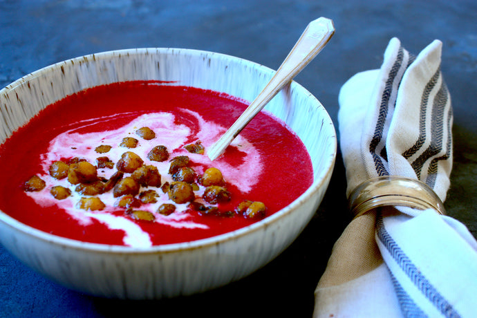 Spicy beetroot soup with roasted madras chickpeas